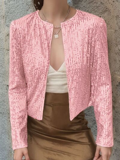 Stevvex pink sequin cropped jacket open front, glamorous party coat for women on Tampa Home & Garden Store