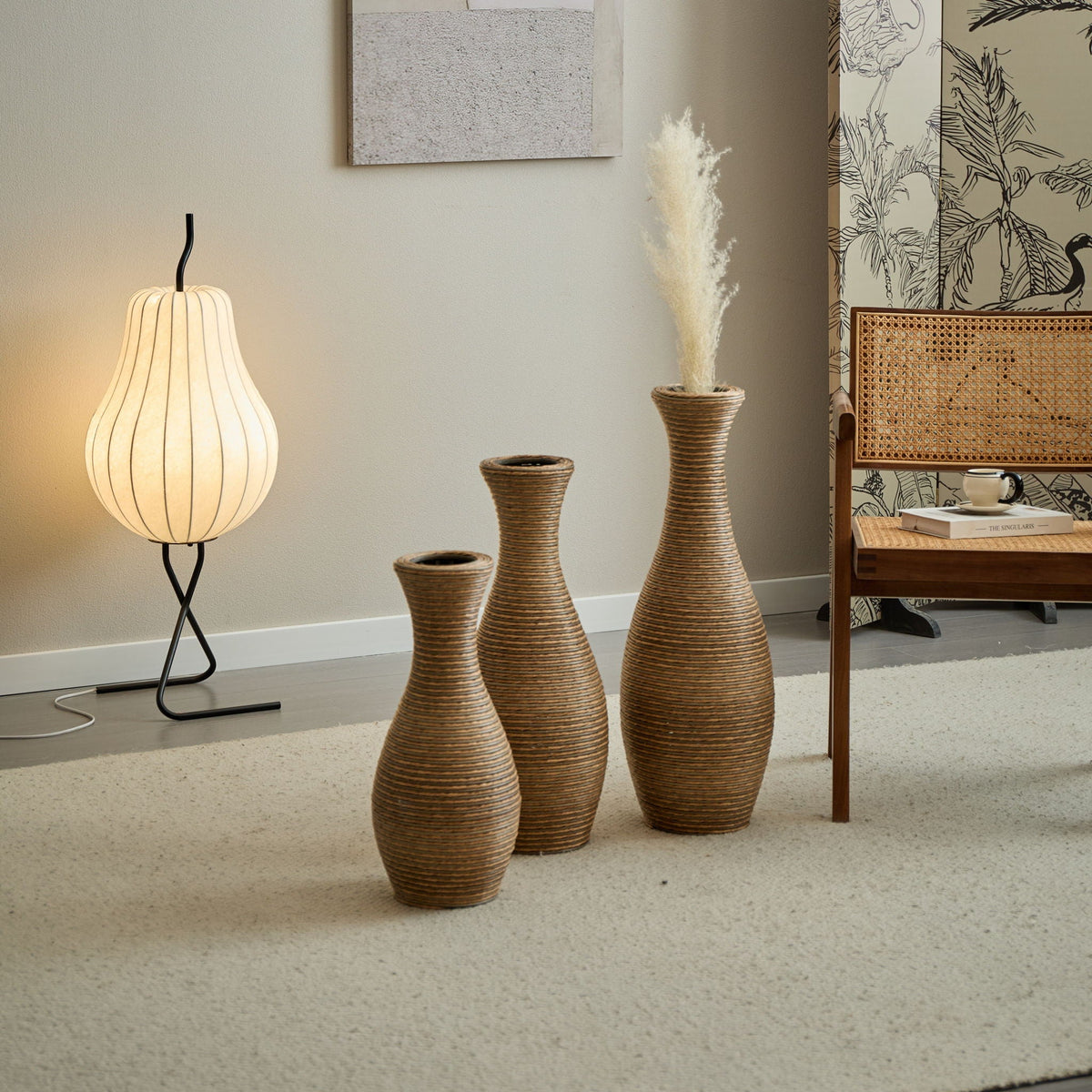 3-piece beige artificial rattan floor vase set by HouseOfZazla for neutral decor on Tampa Home & Garden Store