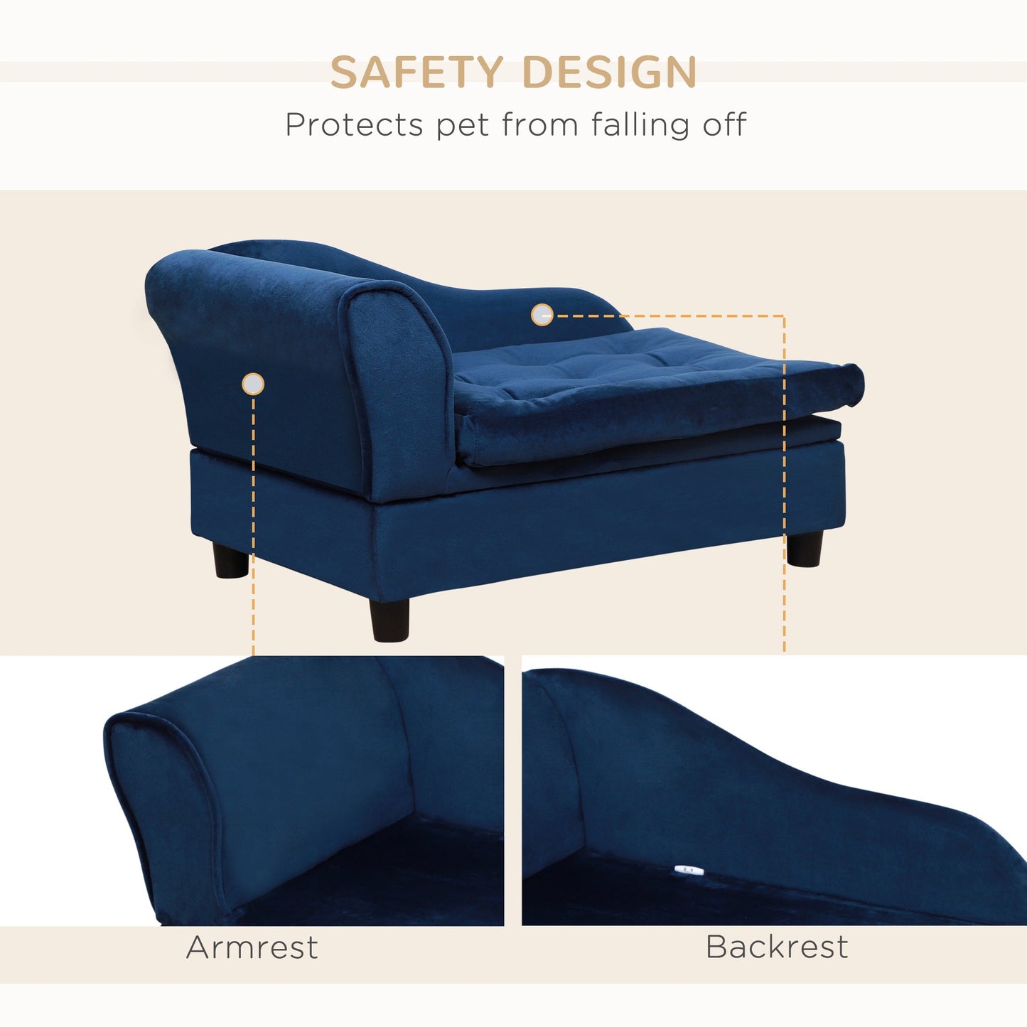 Pet bed PawHut luxury velvet dog bed for small dogs with hidden storage blue with armrests on Tampa Home & Garden Store