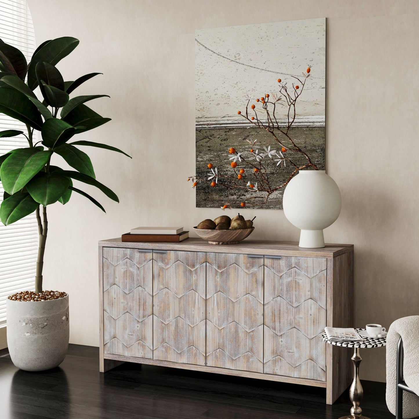 HouseOfZazla farmhouse 4-door wooden sideboard with chevron panel doors for storage on Tampa Home & Garden Store