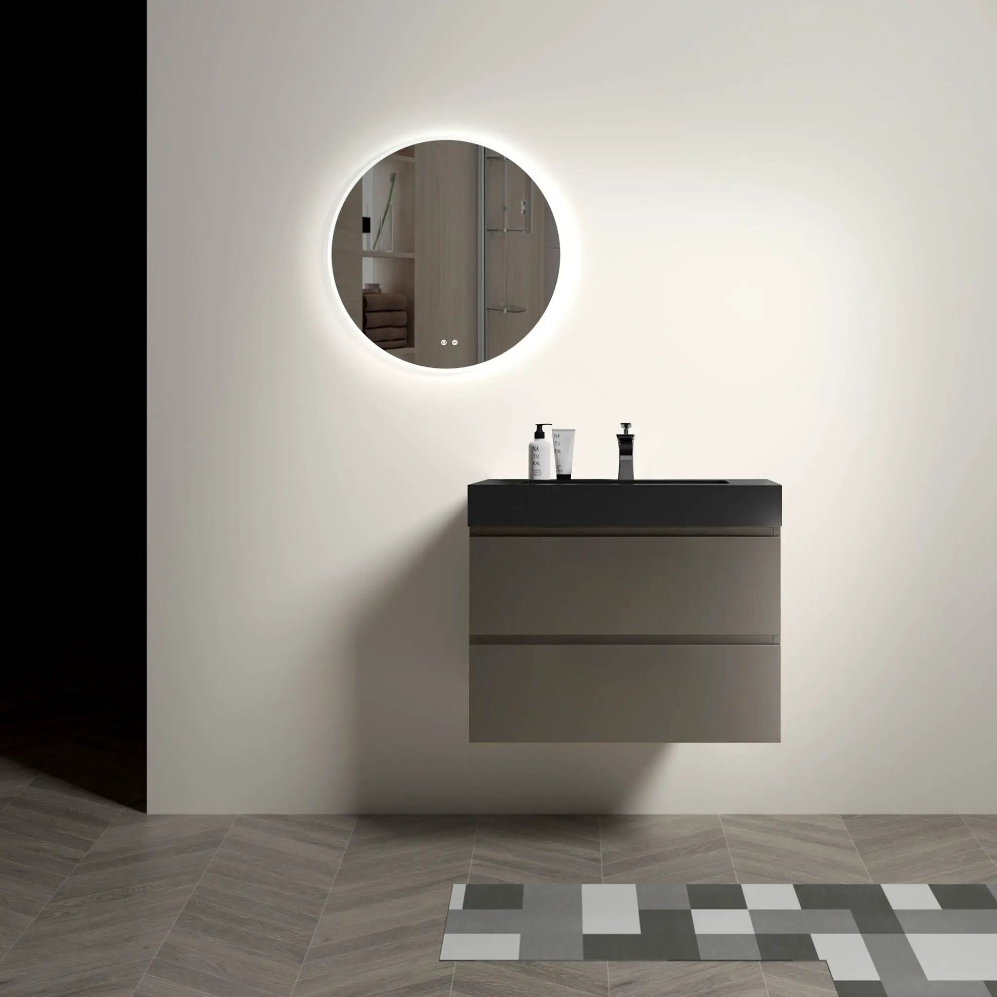 Alice bathroom vanity with sink, wall-mounted floating unit, round LED backlit mirror on Tampa Home & Garden Store