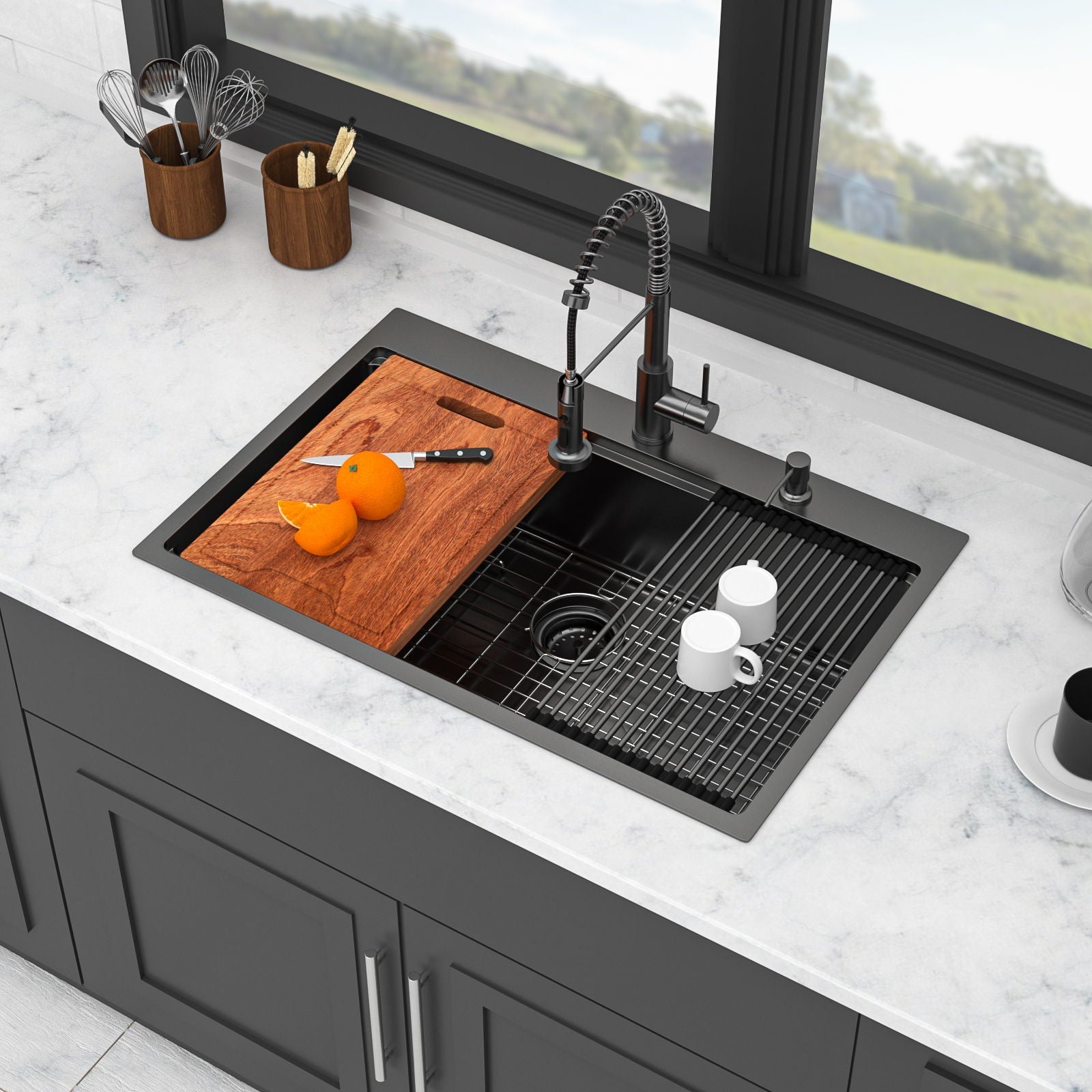 Drop-in kitchen sink with pull-out faucet and soap dispenser, gunmetal black, single bowl on Tampa Home & Garden Store
