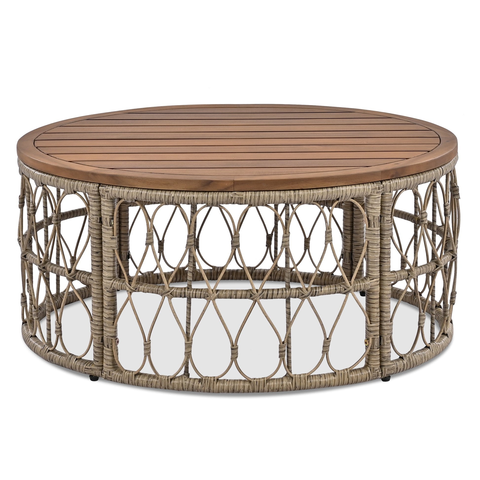 Round outdoor wicker coffee table with a natural wood slatted top on Tampa Home & Garden Store