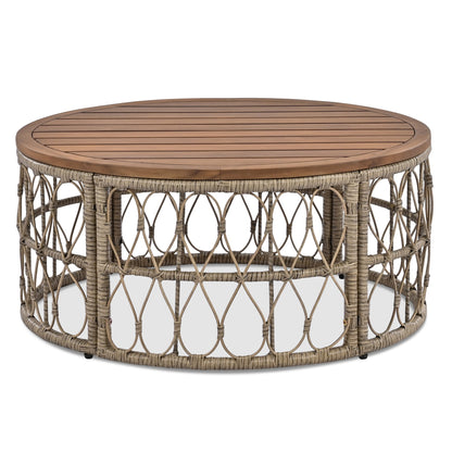 Round outdoor wicker coffee table with a natural wood slatted top on Tampa Home & Garden Store