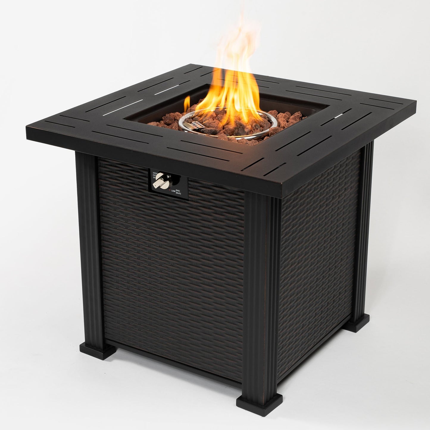 Propane gas fire pit table by HouseOfZazla, 28in square black steel with woven sides, 50,000 BTU on Tampa Home & Garden Store
