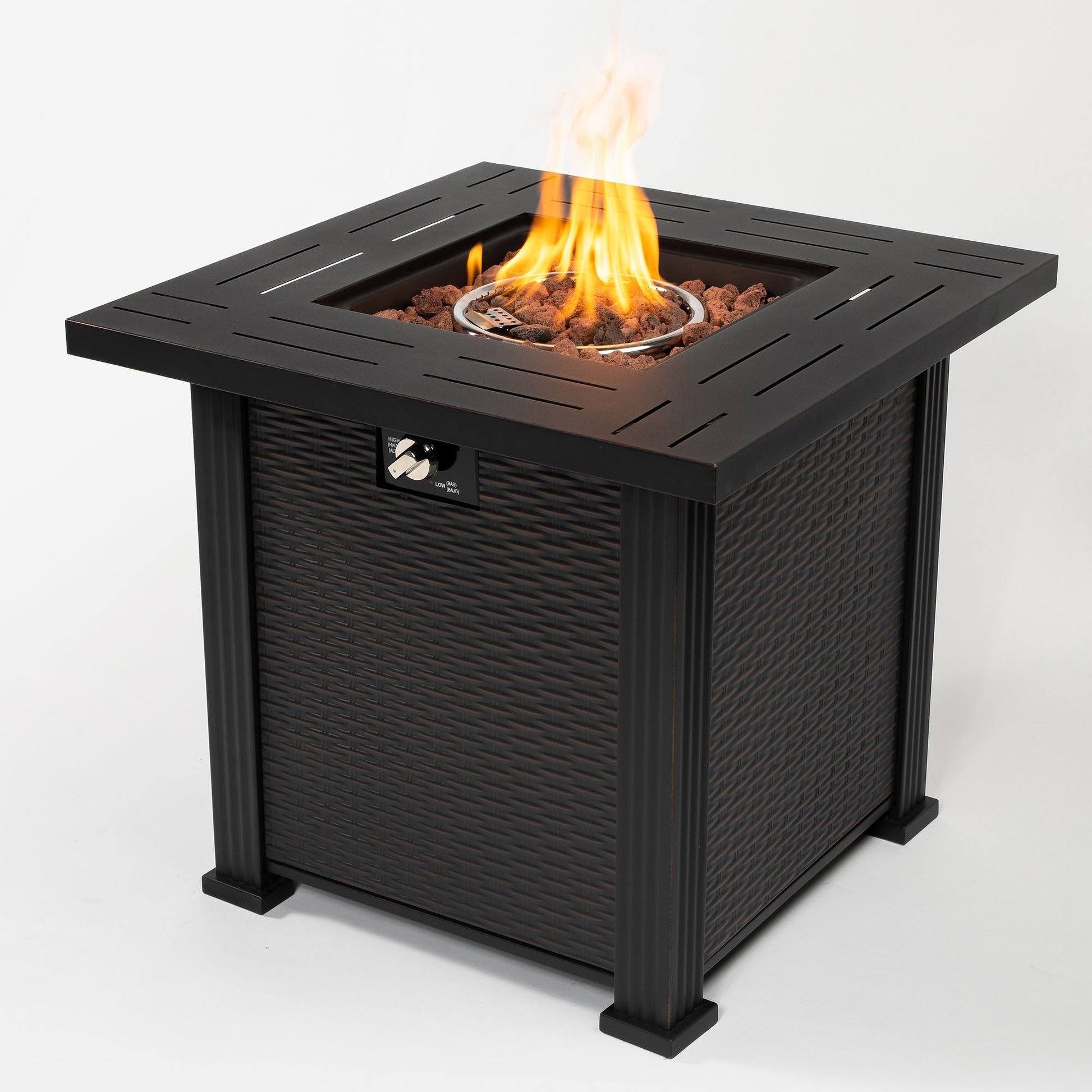 Propane gas fire pit table by HouseOfZazla, 28in square black steel with woven sides, 50,000 BTU on Tampa Home & Garden Store