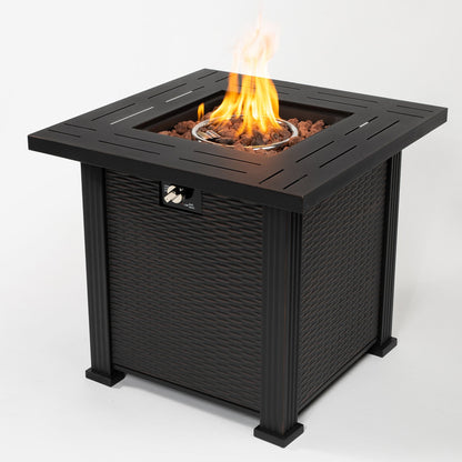 Propane gas fire pit table by HouseOfZazla, 28in square black steel with woven sides, 50,000 BTU on Tampa Home & Garden Store