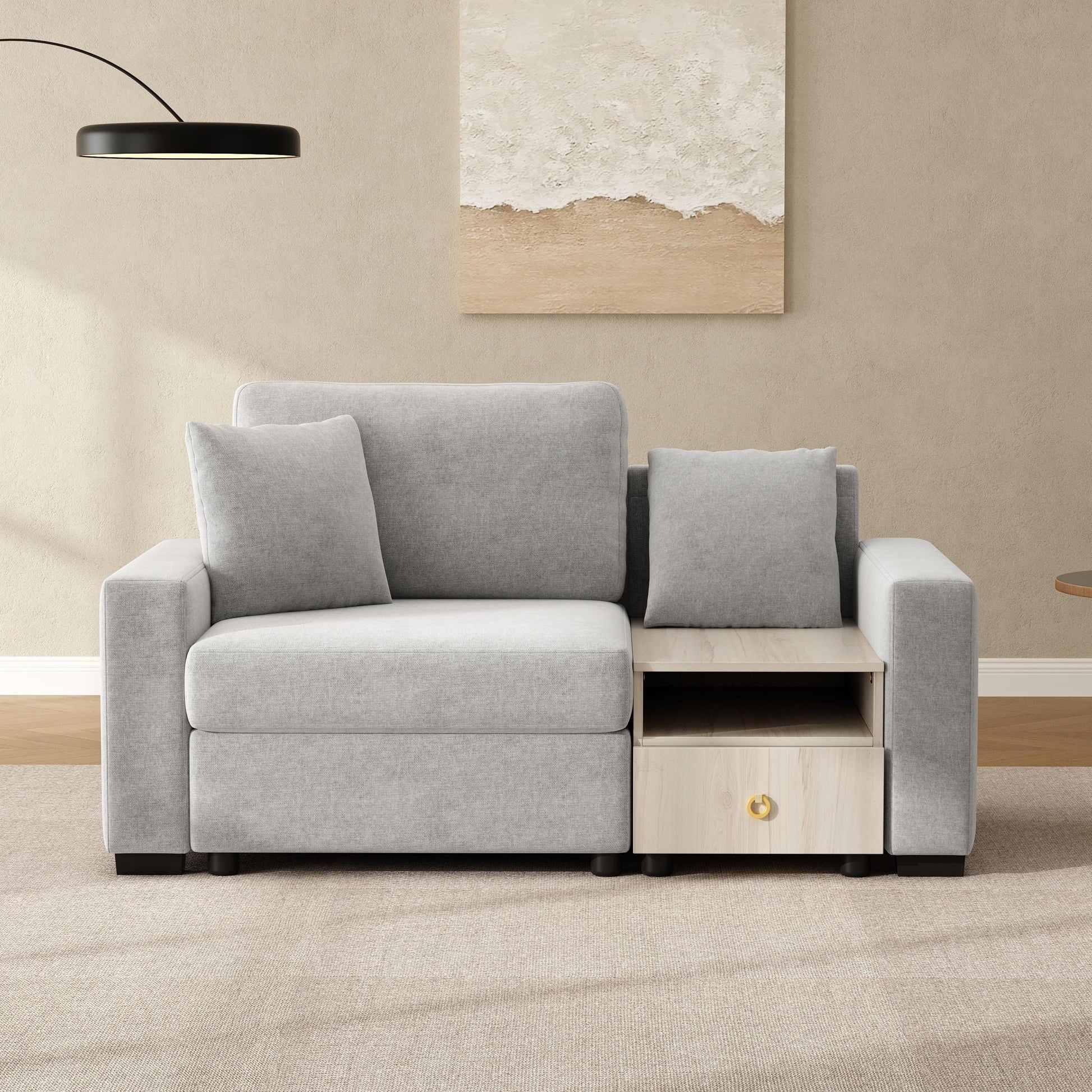 Modular sofa couch in grey fabric with storage armrest and built-in center console on Tampa Home & Garden Store
