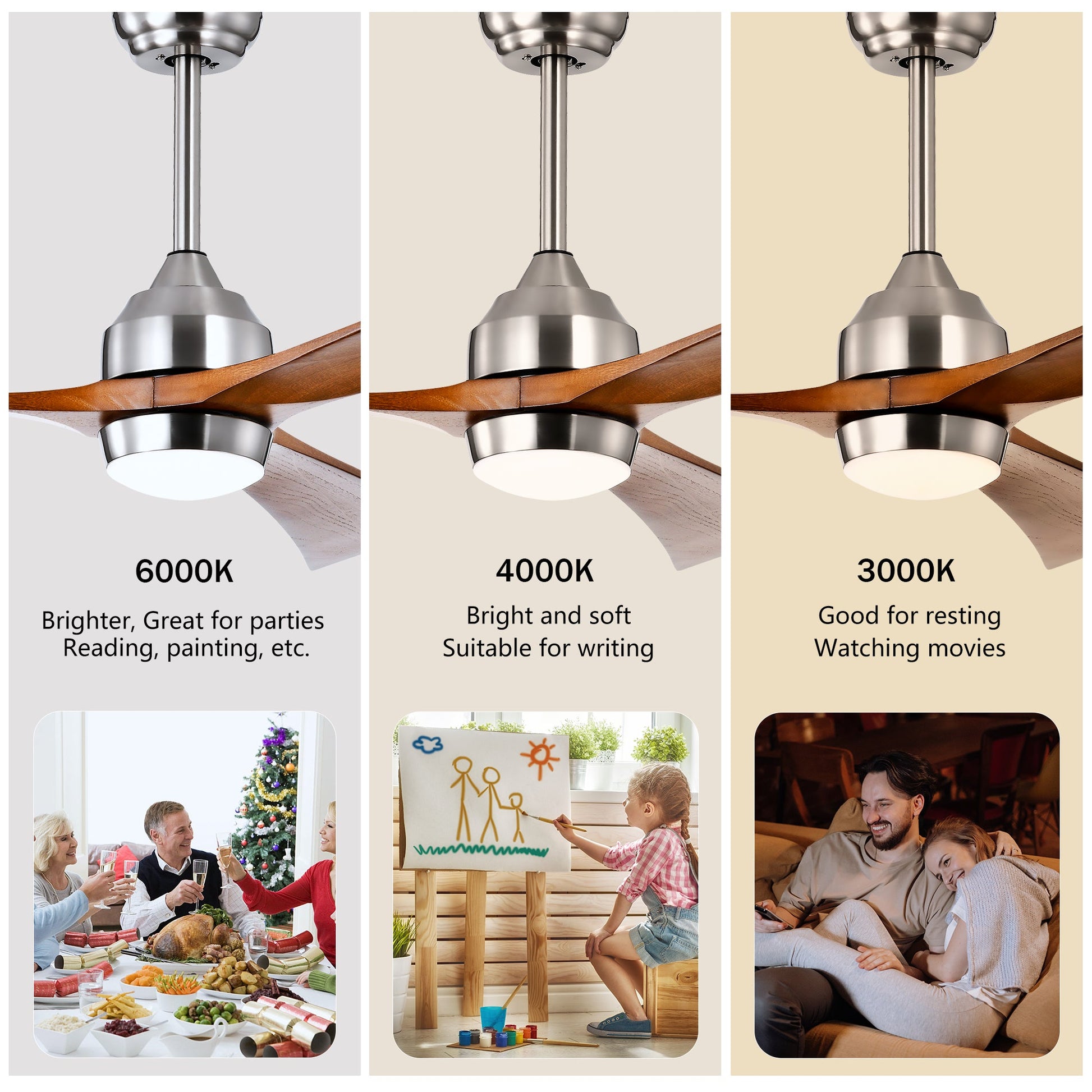 52-inch solid wood blade ceiling fan with lights and remote, HouseOfZazla, color temps on Tampa Home & Garden Store