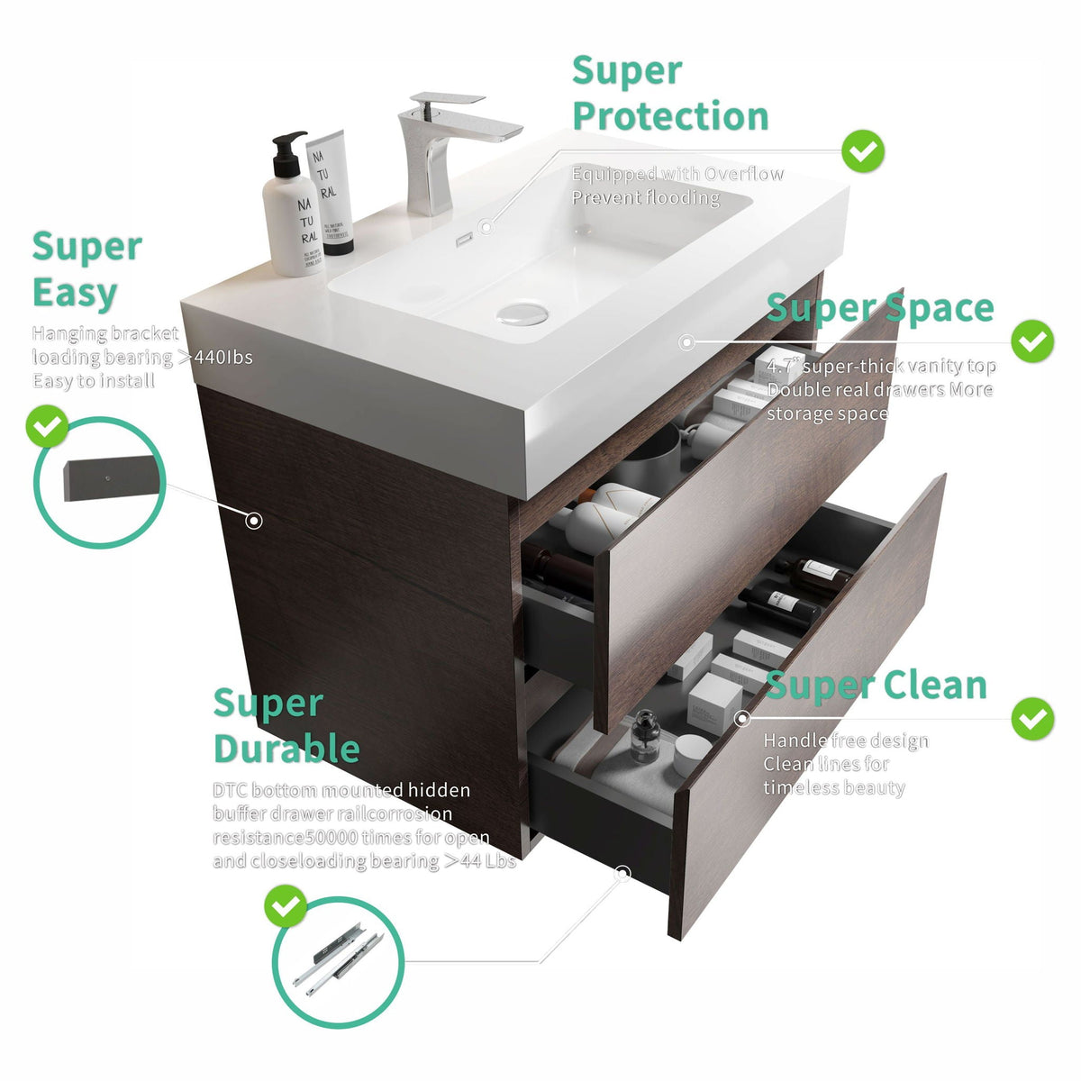 Alice wall-mounted bathroom vanity with white sink, dark wood base by HouseOfZazla on Tampa Home & Garden Store