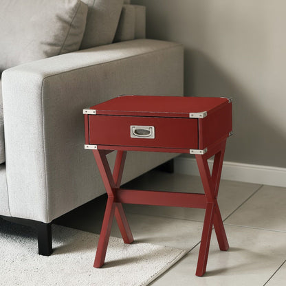 Red Babs accent table with metal corner brackets and angular legs beside a beige sofa on Tampa Home & Garden Store