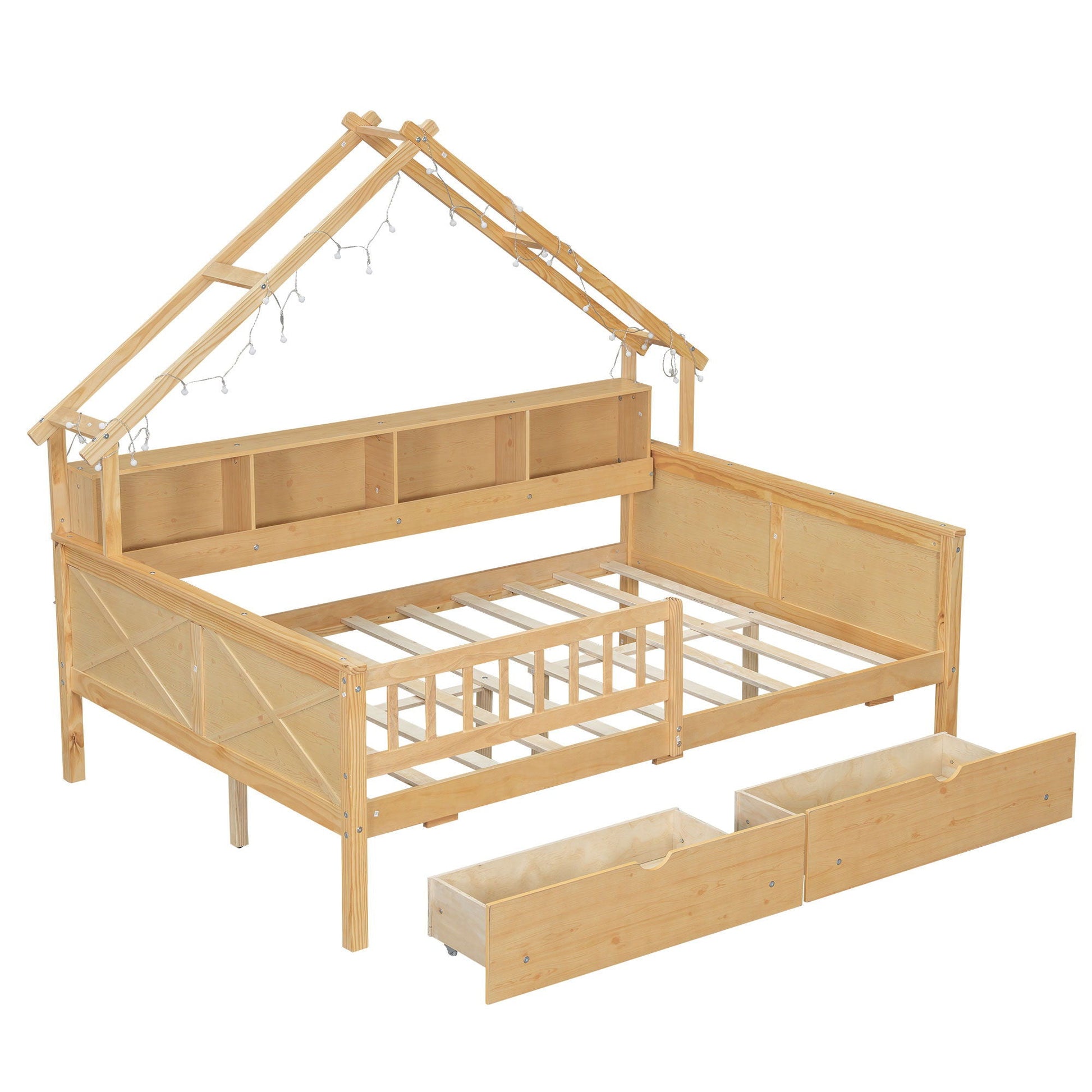 House Style Platform Bed with LED lights, storage shelves and drawers, guardrail in natural wood on Tampa Home & Garden Store