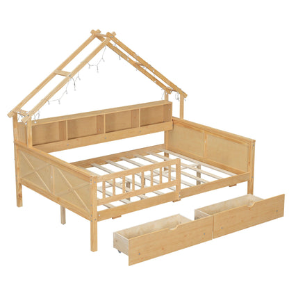 House Style Platform Bed with LED lights, storage shelves and drawers, guardrail in natural wood on Tampa Home & Garden Store