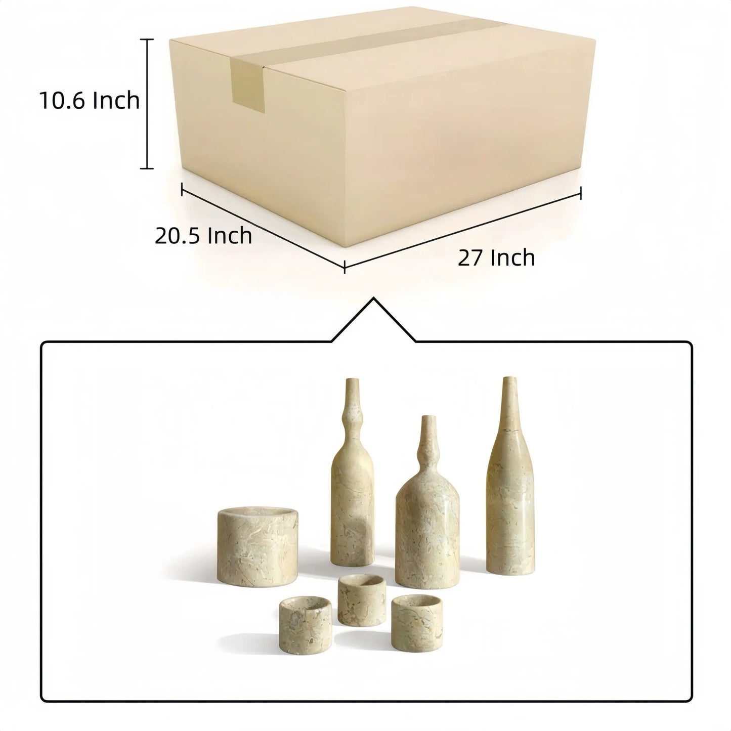 7-Piece luxury natural beige marble table accessories set with vases and bowl on Tampa Home & Garden Store