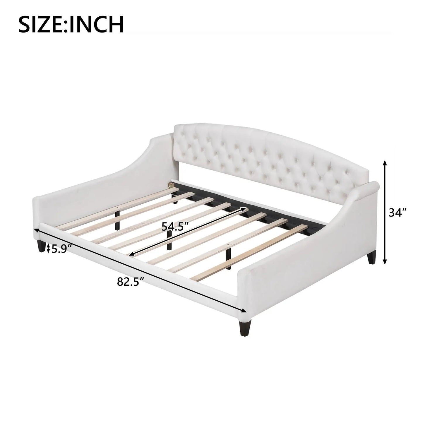 Modern tufted button daybed in white with buttoned backrest and dark wooden legs on Tampa Home & Garden Store