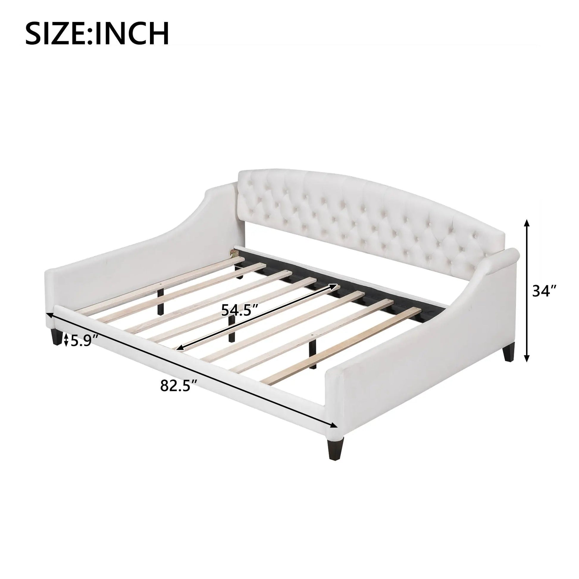 Modern tufted button daybed in white with buttoned backrest and dark wooden legs on Tampa Home & Garden Store