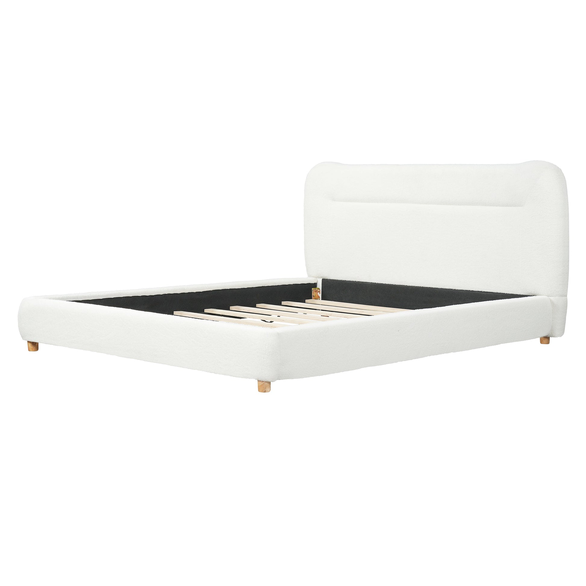 Minimalist Curved Headboard Teddy Bear Plush Queen Bed in white fabric with slatted base on Tampa Home & Garden Store