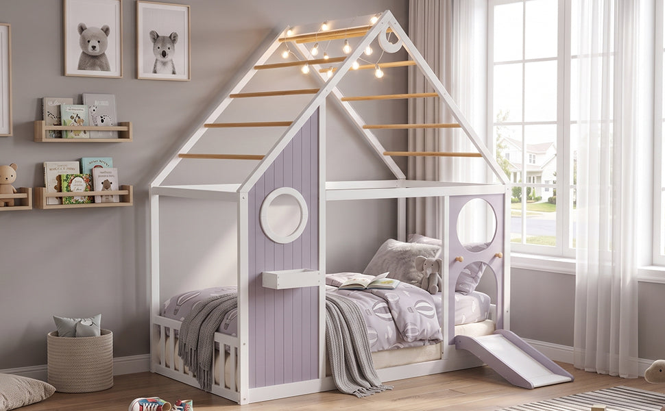 Twin House Bed with Slide and Light Strip in lavender and white by HouseOfZazla on Tampa Home & Garden Store
