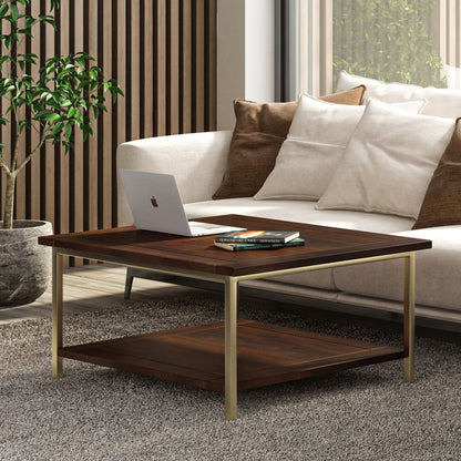 Handcrafted Mango Wood and Metal Coffee Table with dark wood top and brass frame on Tampa Home & Garden Store