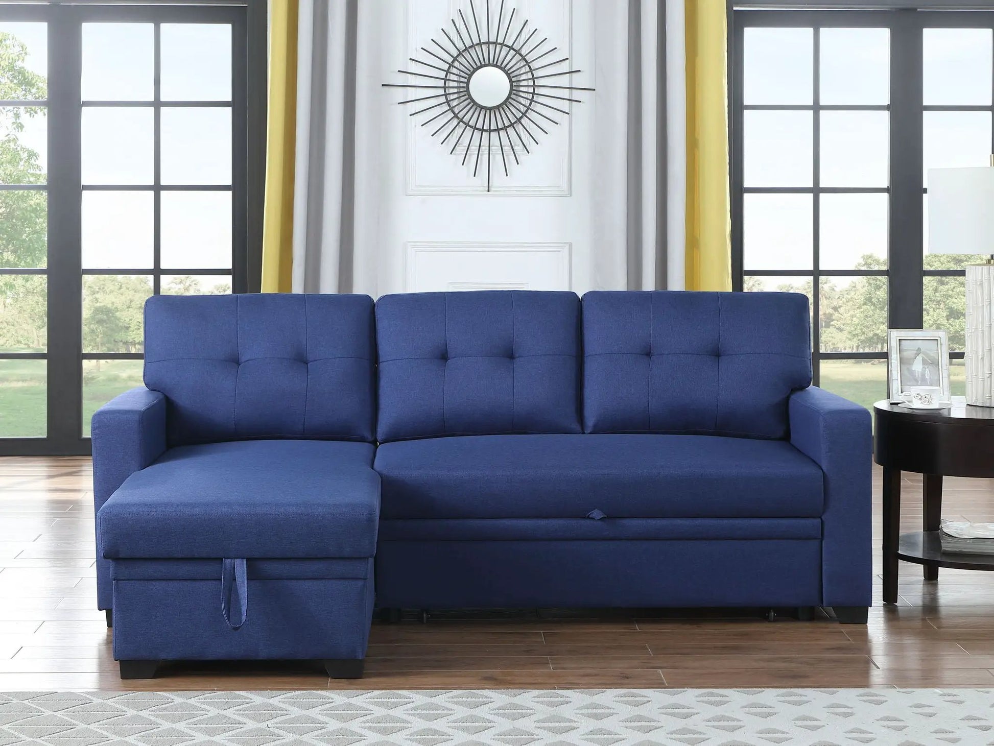 Upholstered pull-out sleeper sectional with chaise in blue by Unique Piece Furniture on Tampa Home & Garden Store