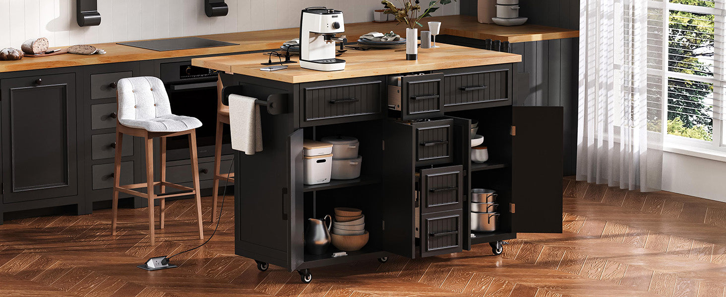 K&K 56.5'' Kitchen Island with Drop Leaf and Power Outlet, charcoal finish, top by HouseOfZazla on Tampa Home & Garden Store