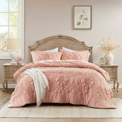 3-Piece Full/Queen Pink Quilted Comforter Set with matching shams on a wooden bed on Tampa Home & Garden Store