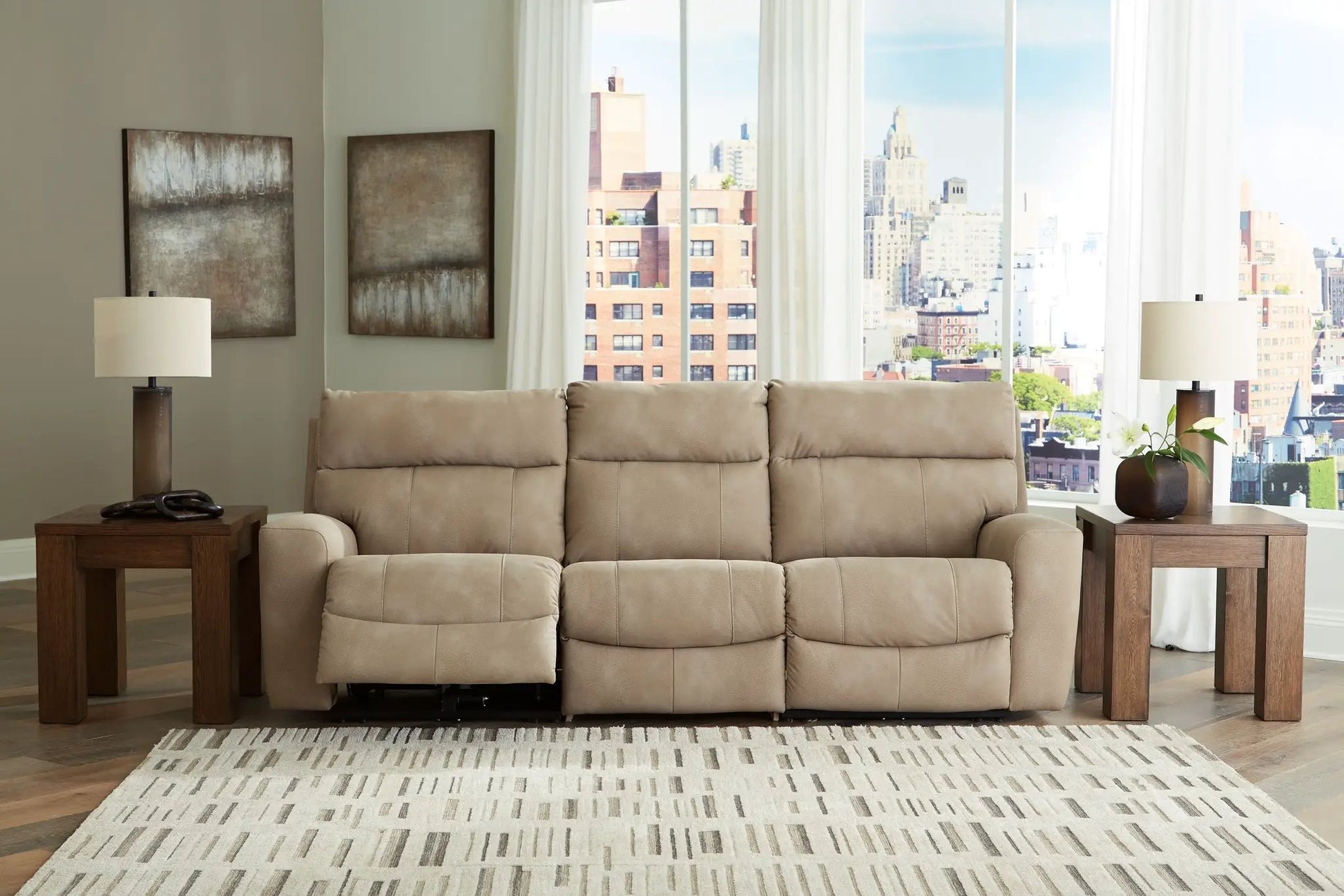 Next-Gen Durapella reclining sectional in beige upholstery with dark wood end tables on Tampa Home & Garden Store
