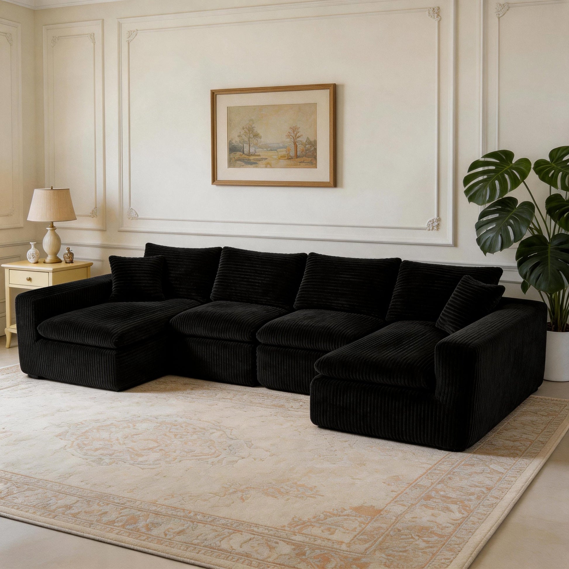 HouseOfZazla modular sectional cloud couch in black corduroy with plush cushions, 3-piece on Tampa Home & Garden Store