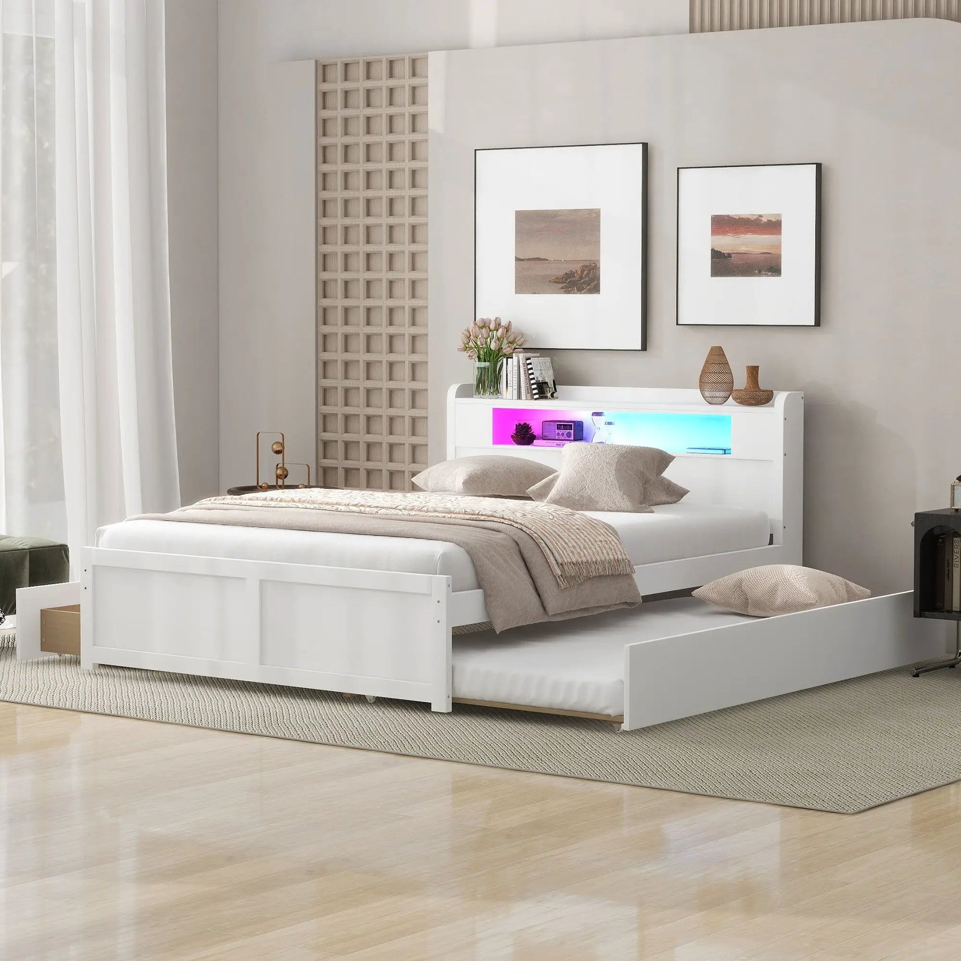 Storage platform bed with LED lights in white finish, 2 drawers and pull-out trundle on Tampa Home & Garden Store