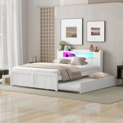 Storage platform bed with LED lights in white finish, 2 drawers and pull-out trundle on Tampa Home & Garden Store