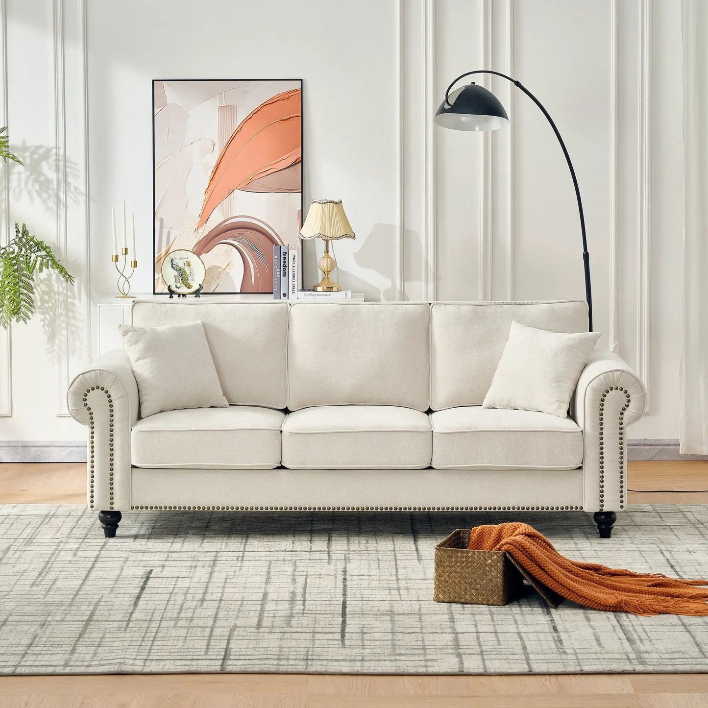 3 seater sofa beige with tufted upholstery, rolled arms, nailhead trim on Tampa Home & Garden Store