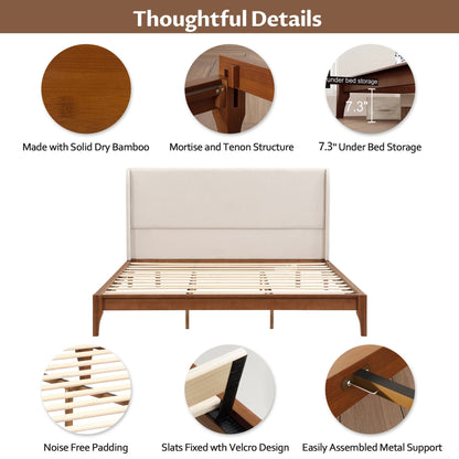 King size platform bed with upholstered high beige headboard and brown wood frame on Tampa Home & Garden Store