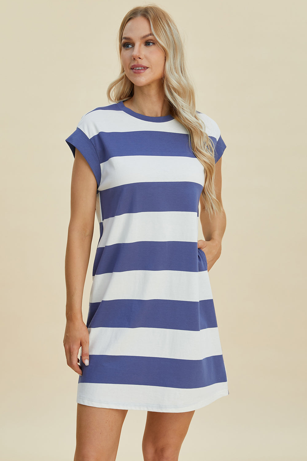 Stevvex striped round-neck cap-sleeve mini dress in blue and white horizontal stripes for women on Tampa Home & Garden Store