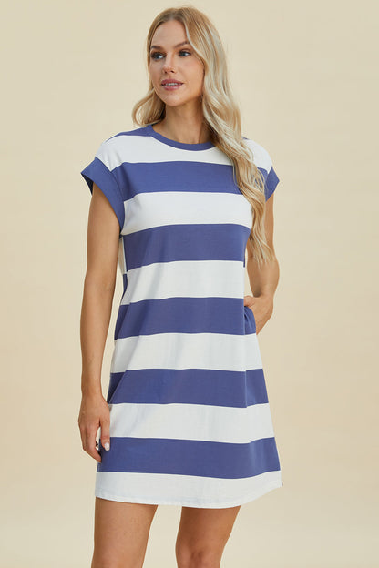 Stevvex striped round-neck cap-sleeve mini dress in blue and white horizontal stripes for women on Tampa Home & Garden Store