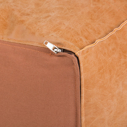 Large square coffee table pouf with vegan cover in tan faux leather, zipper detail HouseOfZazla on Tampa Home & Garden Store