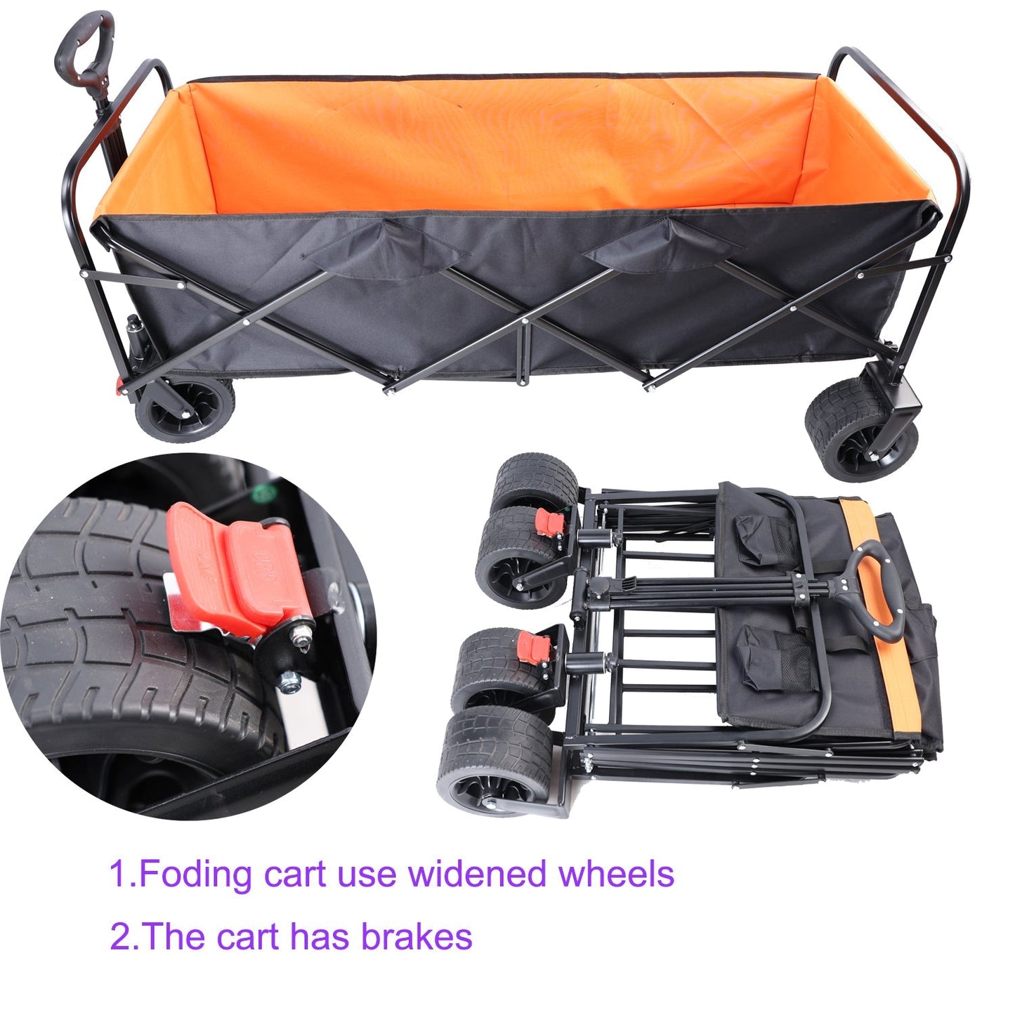 Folding outdoor wagon cart with extender, orange interior, black frame, wide wheels on Tampa Home & Garden Store