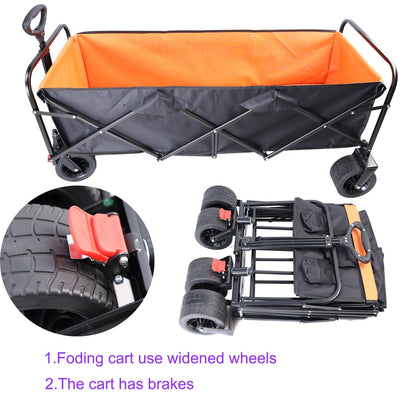 Folding outdoor wagon cart with extender, orange interior, black frame, wide wheels on Tampa Home & Garden Store