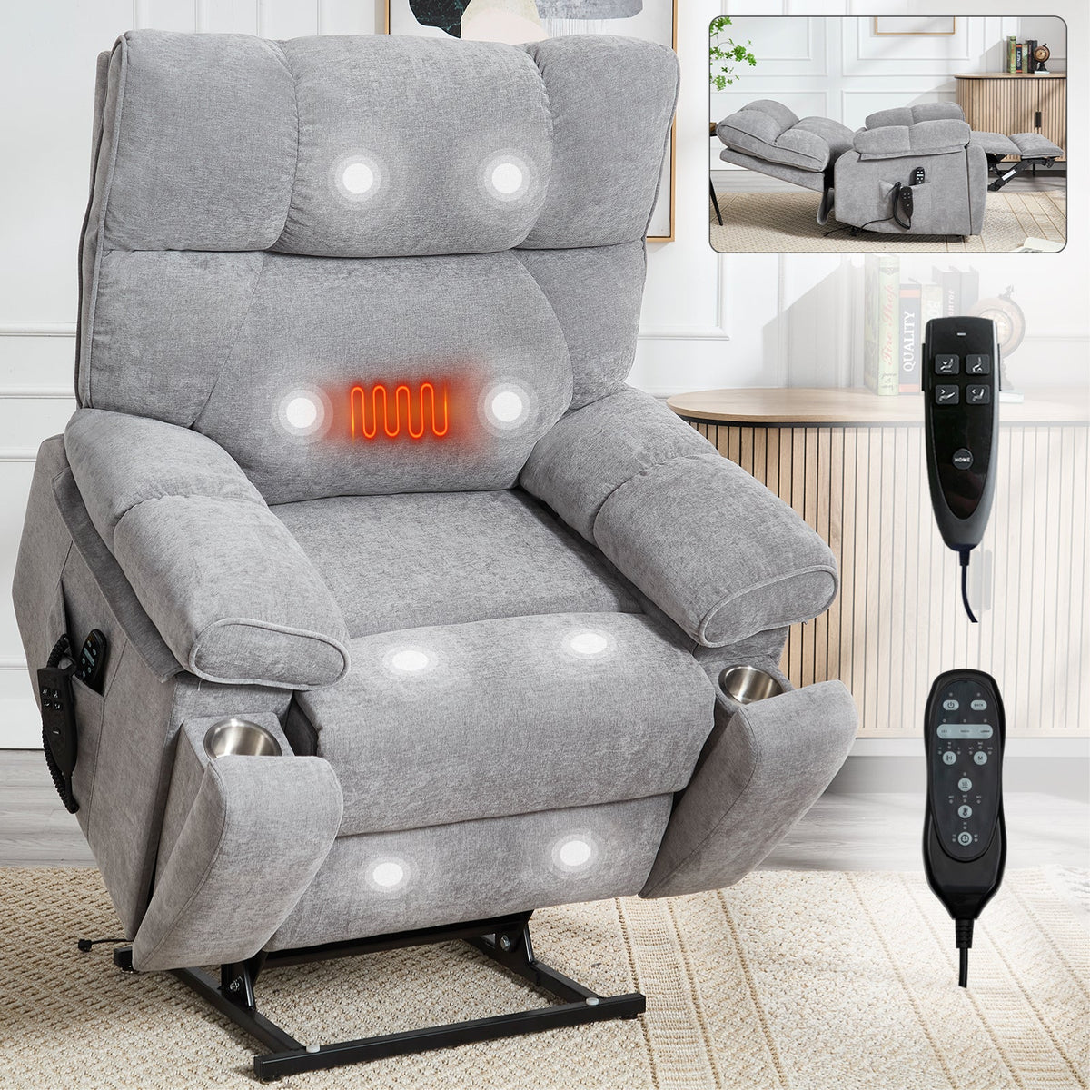 HouseOfZazla gray heat massage dual-motor lift recliner with remote control and cup holders in padded arms on Tampa Home & Garden Store