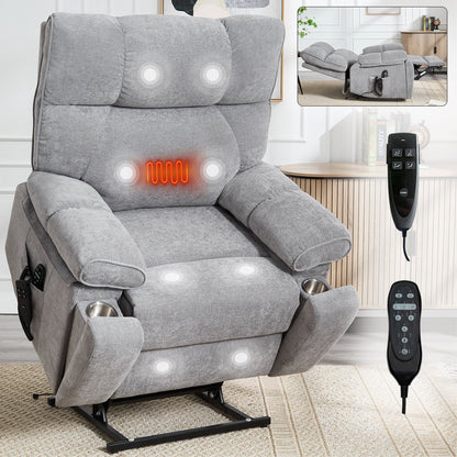 HouseOfZazla gray heat massage dual-motor lift recliner with remote control and cup holders in padded arms on Tampa Home & Garden Store
