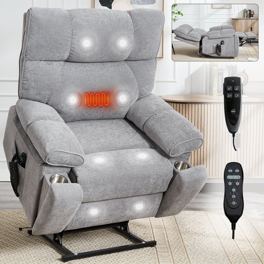 HouseOfZazla gray heat massage dual-motor lift recliner with remote control and cup holders in padded arms on Tampa Home & Garden Store