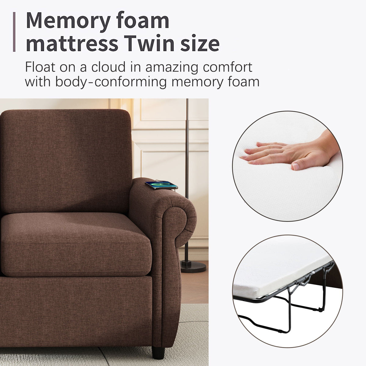 Pull Out Sofa Bed With Twin Memory Foam Mattress