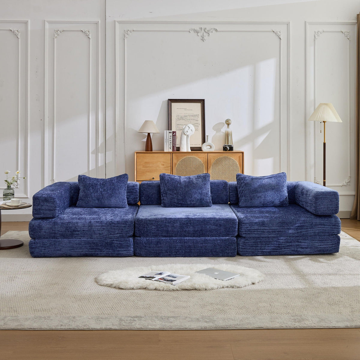 Convertible floor sofa bed, blue boneless modular futon sofa with plush cushions in living room on Tampa Home & Garden Store