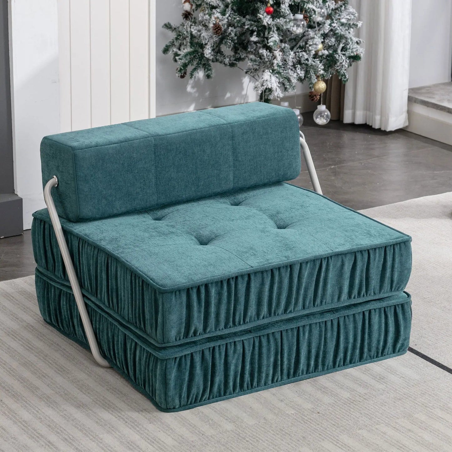 Folding futon sofa with removable back cushion in teal upholstery sleeper chair on Tampa Home & Garden Store