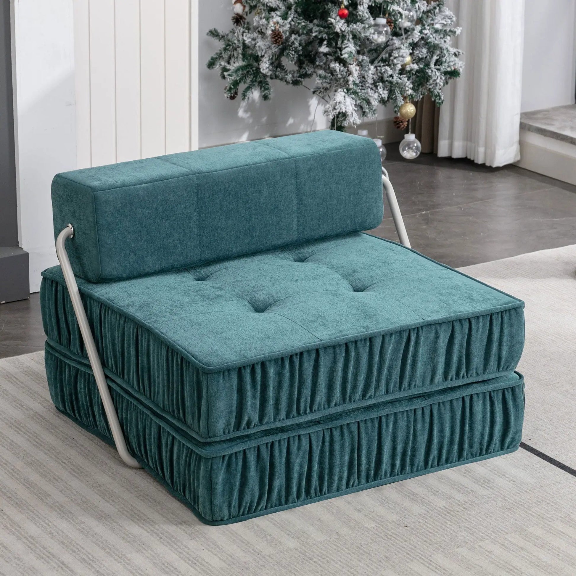Folding futon sofa with removable back cushion in teal upholstery sleeper chair on Tampa Home & Garden Store
