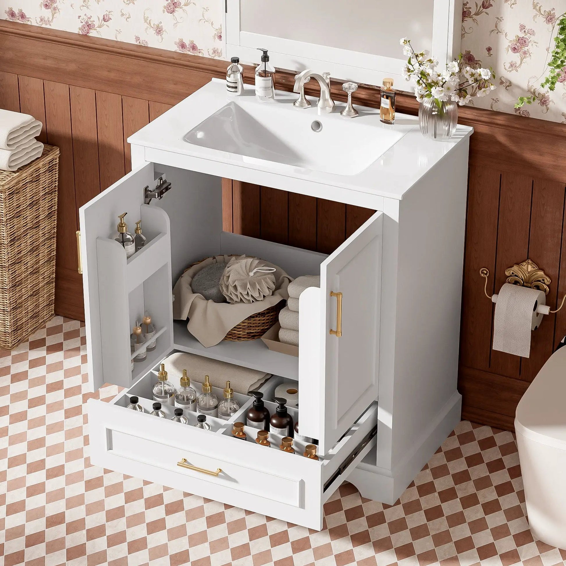 White bathroom vanity with sink, 1 divided drawer and 2 softclose doors with double shelves on Tampa Home & Garden Store