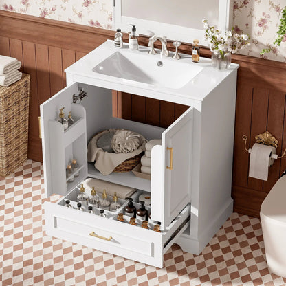 White bathroom vanity with sink, 1 divided drawer and 2 softclose doors with double shelves on Tampa Home & Garden Store