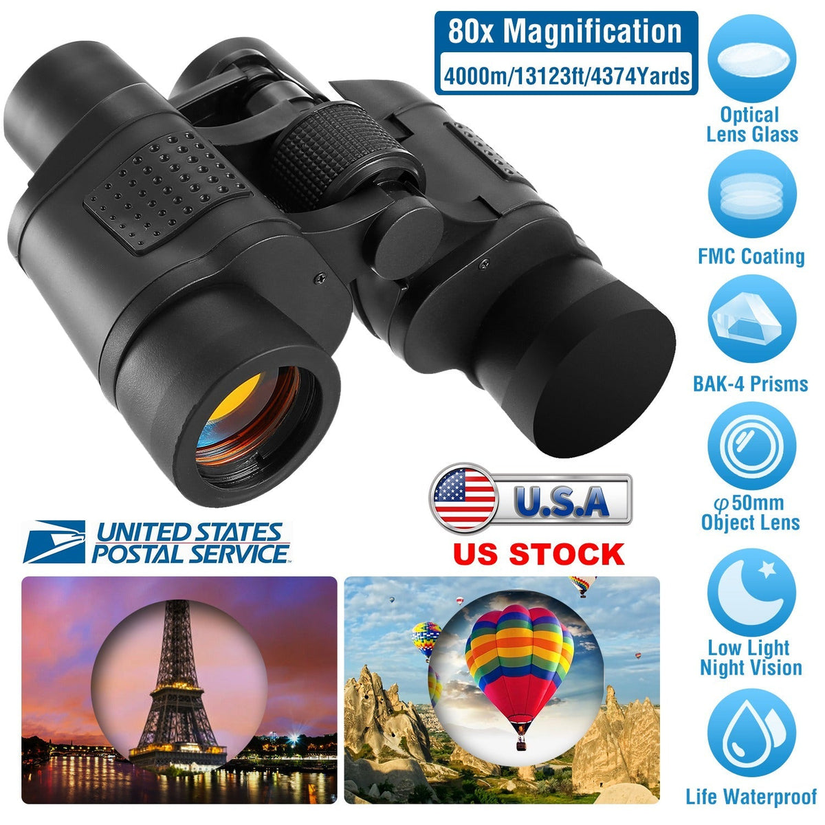 GemGear portable HD binoculars FMC lens, 80x magnification, 50mm objective, black strap on Tampa Home & Garden Store