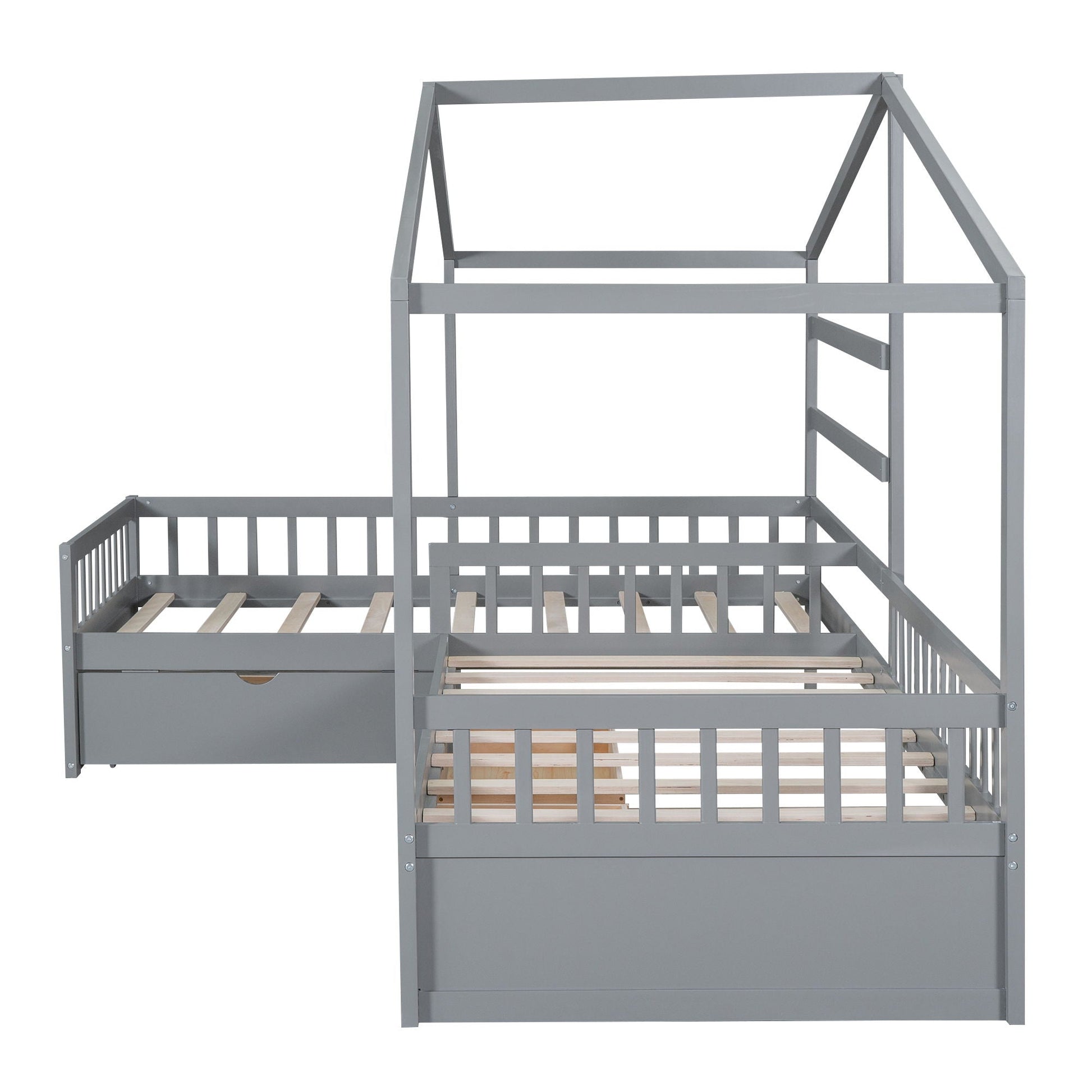 Gray metal L-shaped bed frame with three storage drawers and wooden slat base on Tampa Home & Garden Store