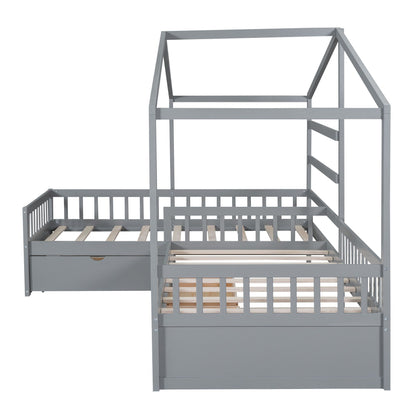 Gray metal L-shaped bed frame with three storage drawers and wooden slat base on Tampa Home & Garden Store