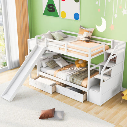 White bunk bed by HouseOfZazla with storage staircase, slide, desk, drawers and shelves on Tampa Home & Garden Store